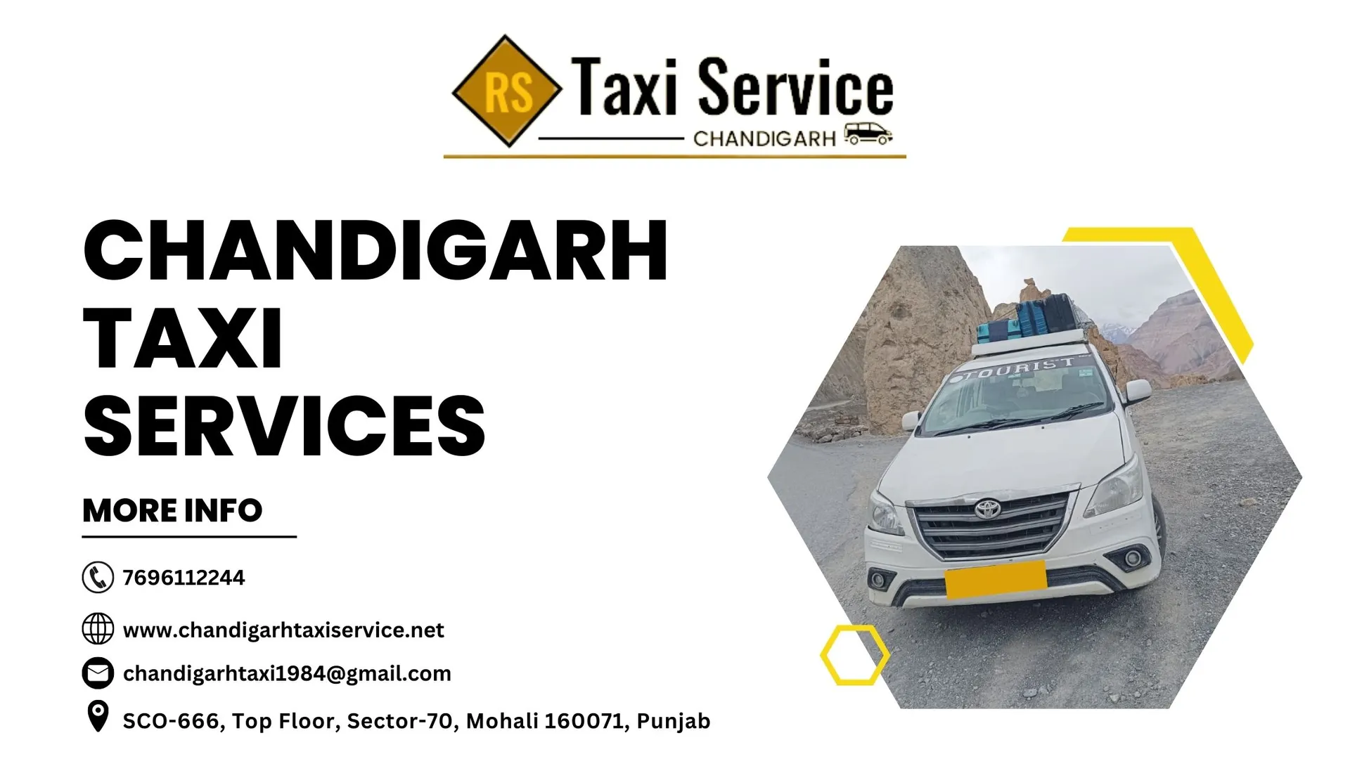 Booking a taxi with RS Taxi Service is quick and easy, making your travel plans effortless. Trust us to be your travel partner and experience the convenience and comfort of our Chandigarh taxi services. Book your ride now and let us take you on an unforgettable journey.

Contact Person Name:- Ravi Salaria
Contact no. 7696112244
Address:- SCO-666, Top Floor, Sector-70, Mohali 160071, Punjab
Website:- https://www.chandigarhtaxiservice.net/
Email:- chandigarhtaxi1984@gmail.com
