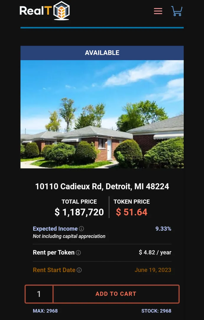 Easily buy parts of properties with smart contracts to receive rents.  It's on RealT ✌️

https://realt.co/product/10110-cadieux-rd-detroit-mi-48224/ref/GRD_Immo_1905/