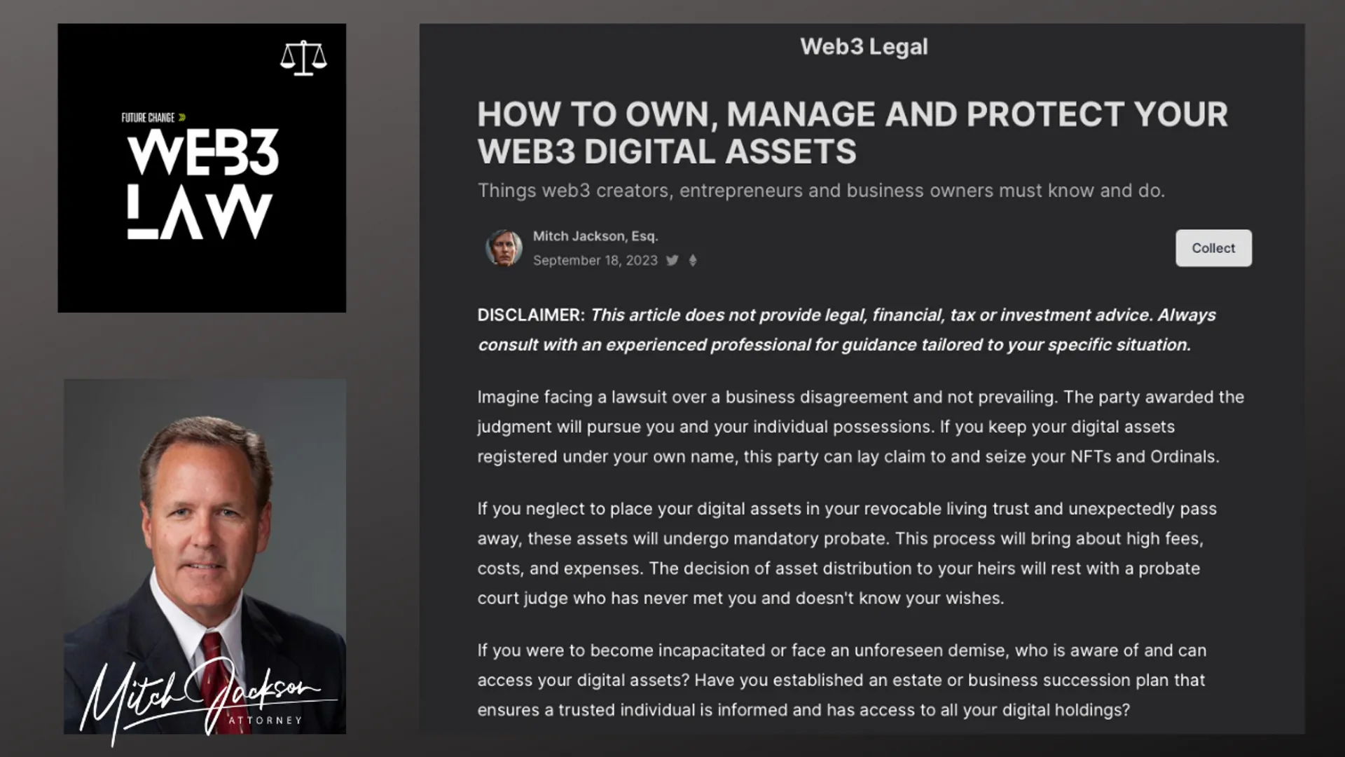I'm now live on Paragraph, a new web3 newsletter platform that leverage web3 blockchains to provide better experiences. This issue is titled, "How to Own, Manage and Protect Your Web3 Digital Assets." Subscribe via your email (just like any other newsletter service) and if you're into web3, also "connect" and "collect" with your web3 wallet for exclusive free content and access! https://paragraph.xyz/@web3legal 