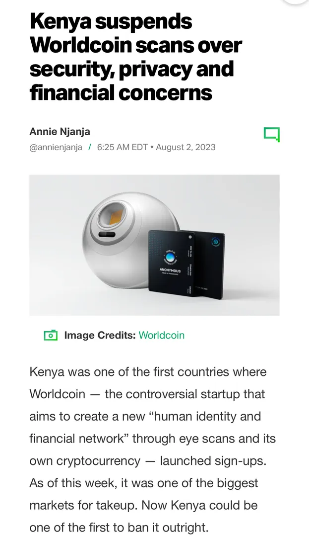 Kenya halts Worldcoin Orb. Hmm. States security reasons. Hmmm. Whatcha think? 