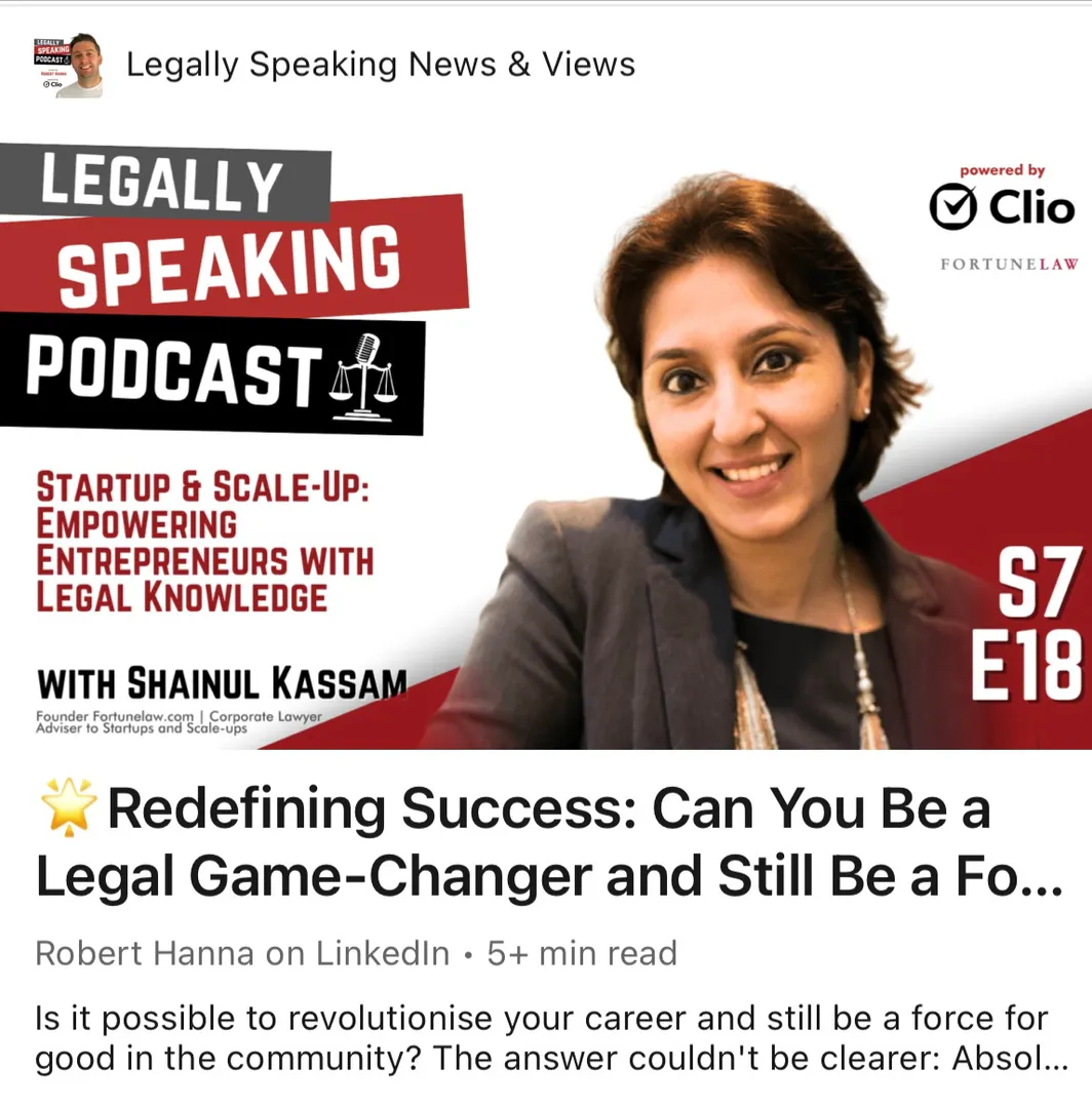 🎙️🚀 New Episode Alert! Can One Revolutionary Method Skyrocket Your Legal Career AND Make a Global Impact? 🌟

Don't miss the latest must-hear episode of the Legally Speaking Podcast ™️, powered by Clio - Cloud-Based Legal Technology. Our guest is the trailblazing founder of the award-winning Fortune Law firm, Shainul Kassam. With her insights, learn how to excel in law while driving global change! 🌍🎤

🎉🎈 ClioCon 2023 🎈🎉

Exciting news! Our Legally Speaking Podcast is heading to Nashville for an unparalleled legal experience. Watch out for unmissable content and exclusive interviews. 

Did you catch my LinkedIn for Creators Live this week with Sarah Murphy and Alex Chisnall 🎙? We dished out some teasers about our Nashville plans! 🎶🤠

🌟 In addition to our latest episode we give BIG shoutouts to our incredible alumni guests: 

1️⃣ Maia Crockford - Essential tips for aspiring solicitors, endorsed by The Law Society.

2️⃣ Dana Denis-Smith - A game-changing B Corp journey that merges profit & purpose.

3️⃣ Flo Nicolas, Esq - An advocate for inclusive tech in legal, don't miss her at the Women of Legal Tech Summit. 

4️⃣ Daniel Winterfeldt MBE KC (Hon) - A DEI champion focusing on LGBT+ youth support in law.

5️⃣ Jodie Hill - Launching her groundbreaking book, a must-attend event! 

🔥📰 In Other News: Honoured to be featured again on LinkedIn News UK for my insights into workplace satisfaction!

🔍 LOOKING FOR A NEW JOB?

👩‍💼 Swipe through curated legal job openings from KC Partners and get one step closer to your dream legal career! 💼

Enjoy and read all about it, folks 👉 https://discord.gg/CJxjnrxPcW

#LegallySpeakingPodcast #ClioCon2023 #LegalInnovation #CareerDevelopment #CommunityImpact

---
🌟🌍 My mission? To foster a kind, collaborative, and vibrant legal community, propelling us forward into a successful legal creator economy. Let's shape the future, together.
