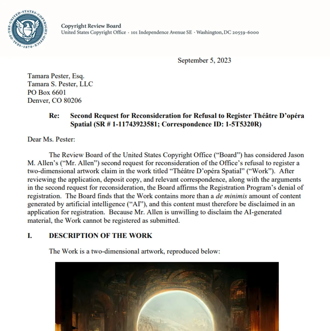 US Copyright Office denies protection for another AI-created image. See the actual denial letter with analysis here https://fingfx.thomsonreuters.com/gfx/legaldocs/byprrqkqxpe/AI%20COPYRIGHT%20REGISTRATION%20decision.pdf