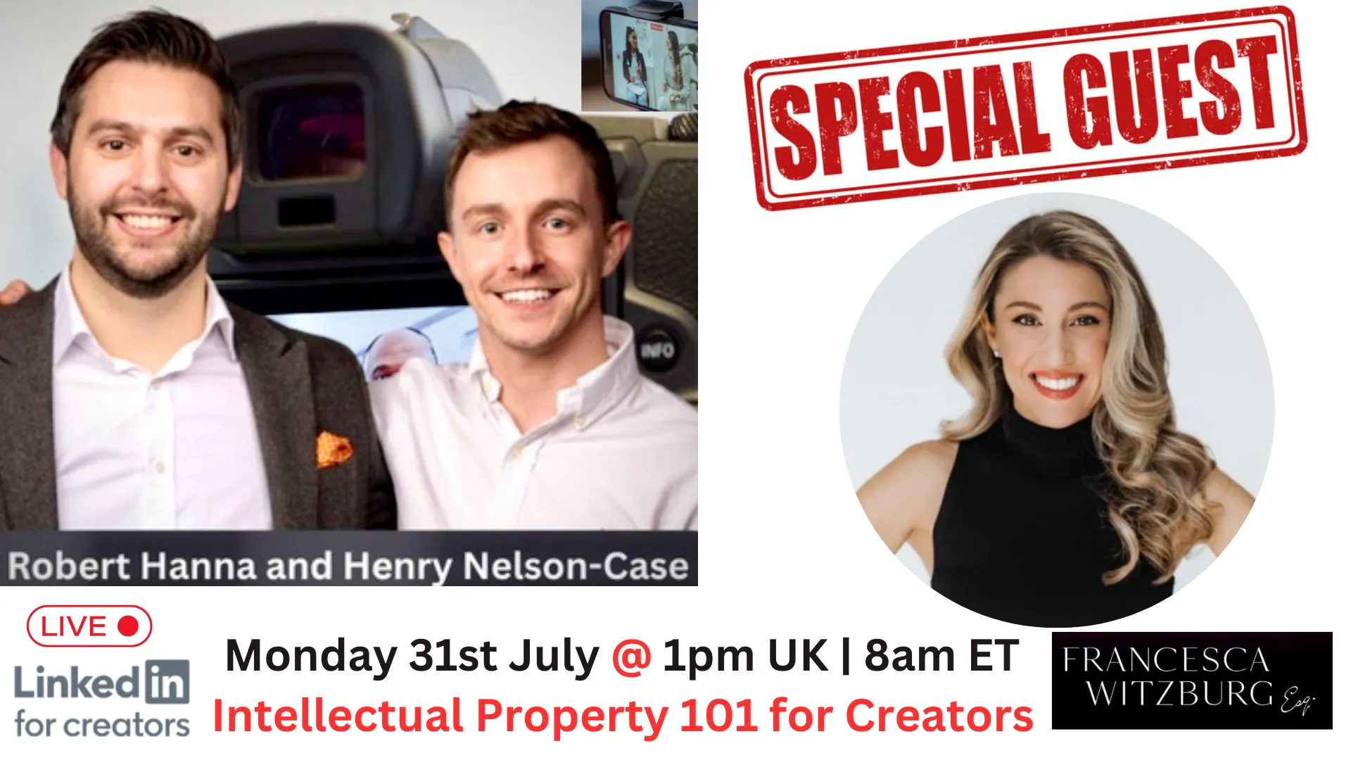 🚀 Ready to take your brand to the next level?

Join me and Henry Nelson-Case for an enlightening session as we welcome Global IP Counsel, <@Tvb9vGQEADVHLlpAnIKqVoVBjvZ2>. With a track record of safeguarding Brands with Trademarks, Copyrights & Contracts, she's a force to be reckoned with in the legal realm. 🌍⚖️
 
From working in the Manhattan office of the world's largest law firm, to stints at fashion heavyweights like Prada and Tory Burch, to advising a famous streetwear brand, Francesca boasts top-tier legal experience. She offers comprehensive expertise in protecting and monetising intellectual property with innovative strategies, including leveraging social media and emerging tech. 🚀

In this session, Francesca will demystify the world of Intellectual Property for creators, providing insights from her deep experience. From understanding the basics of IP to leveraging it to enhance your brand, you'll leave with actionable knowledge that could transform your creative journey! 🎨🔐

Among the many thought-provoking topics, we'll explore:

✅ The proactive steps creators should take to protect their intellectual property

✅ Methods creators can employ to leverage their IP to bolster their brand and income

✅ The crucial role a lawyer plays in managing and safeguarding a creator's IP

And so much more!

Don't miss this opportunity to learn from a leading industry expert. 

Register now by joining here: https://discord.gg/Q5fYjNpxkE

We can't wait to see you at the Legally Speaking Club's 'Intellectual Property 101 for Creators' session, a significant chapter in our ongoing Legal Creator Economy Explained Series. 🎉📚

Let's dive into the world of IP together and give your creativity the legal protection it deserves. 🛡️🎨 

See you there!

#IPforCreators #Lawyers #CreatorEconomy #BrandProtection #IntellectualProperty

---
🌟🌍 My mission? To foster a kind, collaborative, and vibrant legal community, propelling us forward into a successful legal creator economy. Let's shape the future, together. 