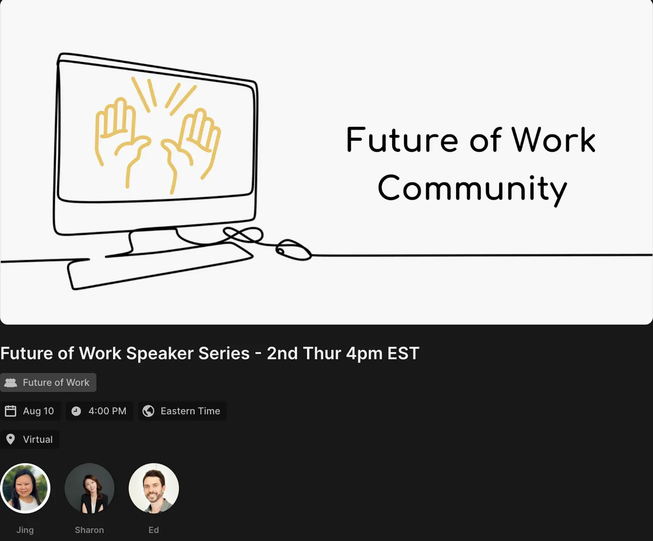 Our Future of Work Community is talking about neurodiversity tomorrow Thur 8/10 at 4pm-4:30pm EST. Sharon Gai will host a fireside chat with Ed Thompson, author of A Hidden Force, learn more and RSVP here:
https://joinentre.com/event/6407ec21155355001710d8e8

Join our community at entre.link/fow to connect with others passionate about the future of work!  