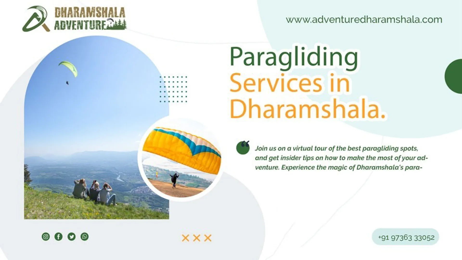 Experience the thrill of flying like a bird over the breathtaking landscapes of Dharamshala with Adventure Dharamshala's top-notch paragliding services. As the leading paragliding provider in the region, we offer a once-in-a-lifetime adventure that will leave you mesmerized.

Our team of experienced and certified pilots ensures a safe and unforgettable paragliding experience, giving you the opportunity to witness the stunning beauty of the Himalayan mountains and lush green valleys from a bird's-eye view.

Whether you're an adrenaline junkie seeking an adrenaline rush or a nature lover yearning for a unique perspective, Adventure Dharamshala's best paragliding experience is tailor-made for all. Trust us to take you on an unforgettable soaring adventure through the skies of Dharamshala. Book your paragliding flight now and let the adventure begin! https://bit.ly/3PYPEkv