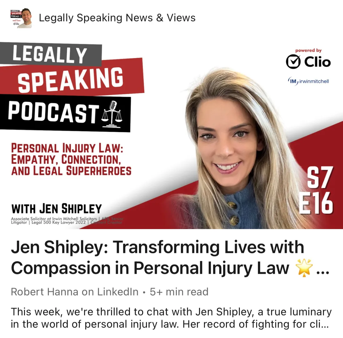🤔 How does a legal professional balance an unbreakable commitment to justice with genuine empathy? 

This week on our Legally Speaking Podcast ™️ powered by Clio - Cloud-Based Legal Technology we feature Jen Shipley, an Associate Solicitor at Irwin Mitchell, whose incredible journey in the world of Personal Injury Law epitomises resilience, compassion, and success. 🌟

Jen's not just an ordinary lawyer; she's become a beacon of inspiration for aspiring legal professionals, using her platform to spotlight the talent that shapes our industry. 🦸♀️

Jen tells all about:

🔸 Her path from a Paralegal to a Legal 500 Key Lawyer in 2022.
🔸 How she is bridging the gap between potential and opportunity.
🔸 Tips on leveraging social media for authentic connections.

In addition to our latest episode we give BIG shoutouts to our incredible alumni guests:

🎉 Dorna Moini at Gavel - for being named finalists in the Inaugural Integration Awards' Best Practice of Law App category, a significant recognition of innovation and excellence in Clio's extensive legal industry app ecosystem

🎉 Ana Juneja - for being chosen for the 2024 Best Lawyers: Ones to Watch® Award, a distinction that highlights her excellence in Intellectual Property Law.

🚀 Jake Schogger - for hosting a FREE WEBINAR on imposter syndrome & rejection with Helen Pamely & Henry Nelson-Case

🥳 Ranjit Sond - for orchestrating another upcoming glamorous SOCIETY OF ASIAN LAWYERS LIMITED Asian Legal Awards ceremony

📚 Lisa ⚖️ Lang - for inspiring so many with her new Adjunct Instructor role at Ohio Northern University—Claude W. Pettit College of Law

🎂 Aliza Shatzman & Jessica Hampson - for turning another year wiser we wish belated happy birthdays to two inspiring legal leaders

LOOKING FOR A NEW JOB? 🔎

Explore handpicked legal job openings from KC Partners to move one step closer to landing your dream legal career! 👇💼

Enjoy and read all about celebrating the triumphs, innovations, and contributions of these inspiring individuals 👉 https://discord.gg/ENC8hK7Ya7

#LegalIySpeakingPodcast  #LegalInnovation #InspiringJourneys #CommunitySpotlights #CareerOpportunities 

---
🌟🌍 My mission? To foster a kind, collaborative, and vibrant legal community, propelling us forward into a successful legal creator economy. Let's shape the future, together. 