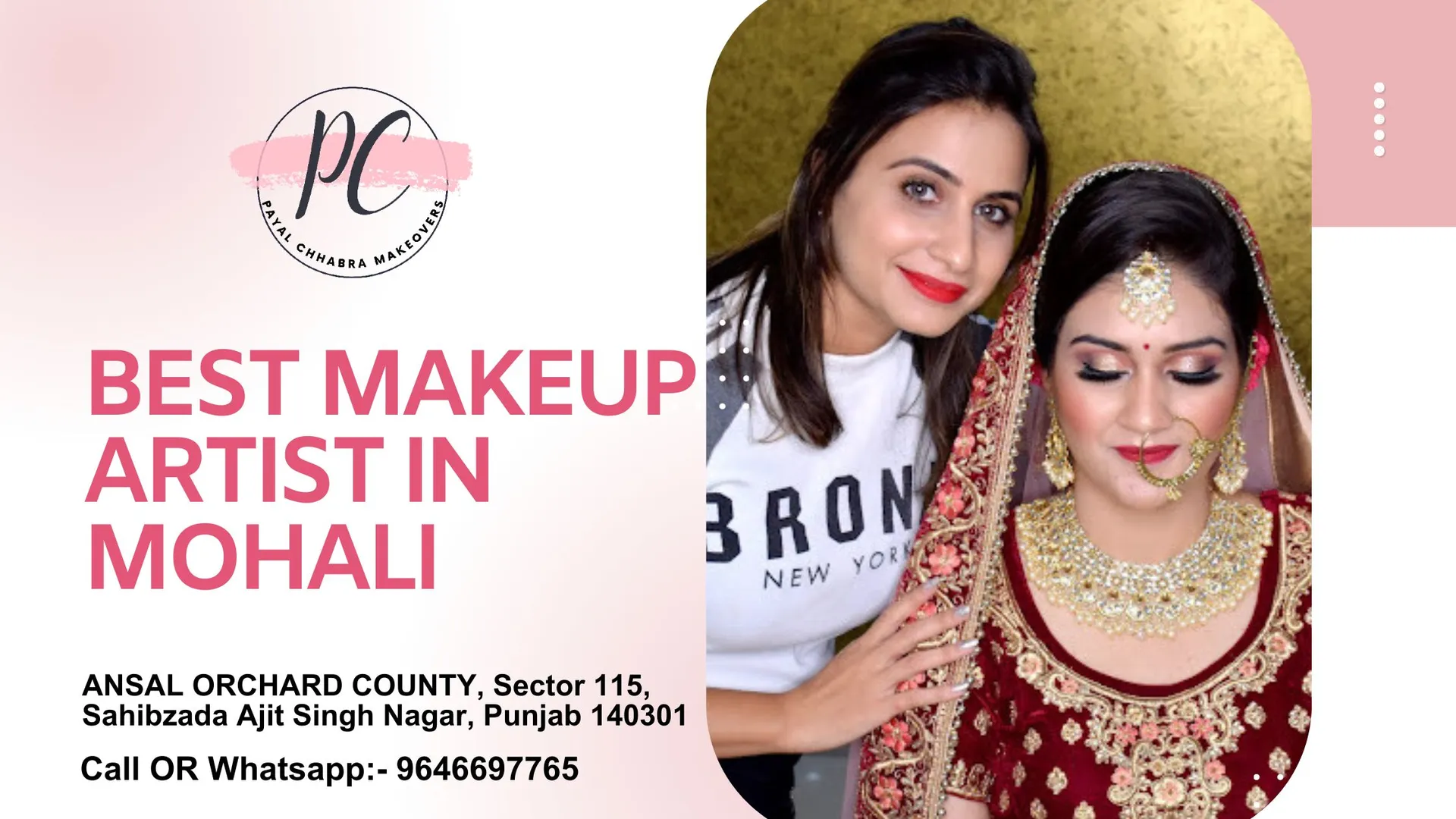Discover your true beauty with Payal Chhabra Makeovers, the leading makeup artist in Mohali. With an unparalleled passion for enhancing natural beauty, Payal Chhabra brings out the best in every individual. Her artistic flair and skilled techniques create captivating looks that leave a lasting impression.

Specializing in a wide range of makeup styles, from elegant bridal transformations to glamorous party makeovers, Payal Chhabra's expertise is unmatched. With a keen eye for detail and a commitment to using top-quality products, she ensures a flawless finish every time.

Whether it's your big wedding day, a special event, or just a desire to feel and look your best, Payal Chhabra Makeovers is your ultimate destination. Step into a world of beauty and elegance, where each stroke of her brush reveals the masterpiece that is you. https://g.co/kgs/7eMr4B