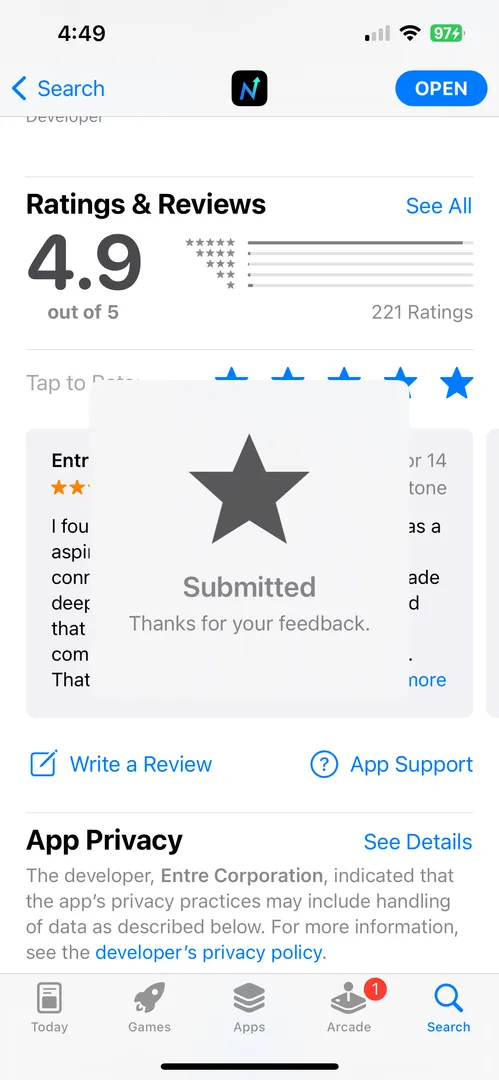 Gm & Happy Wednesday. I just submitted a 5-star review for ENTRE on the App Store. Go to App Store & tap on the stars to help support the app. You can also share a positive review. I appreciate the platform & the community that we are building 