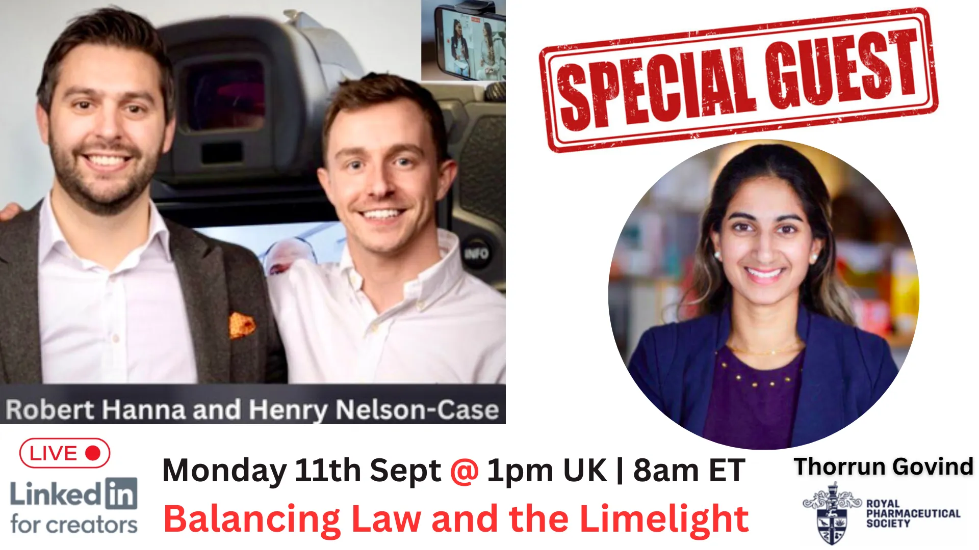 🎤 Balancing Law and the Limelight: Is it Possible?

Henry Nelson-Case and I are genuinely excited to welcome you to our next Legally Speaking Club Live. We're addressing a subject that’s top of mind for many legal professionals: how to effectively manage a successful legal career while leveraging media recognition as a powerful tool for visibility in the modern world and building trust with a wider audience.

Block out your calendar 🗓 for Monday, 7th August (1pm UK/8am ET) for an in-depth discussion with Pharmacist Thorrun. 📺😁

Thorrun is an exceptional legal mind in Healthcare Advisory and Inquest Law and a Registered Pharmacist.

What sets her apart?

She became the youngest elected Board Member of the Royal Pharmaceutical Society and subsequently assumed the role of Chair of the English Pharmacy Board in 2021. 🚀

Featured on platforms like BBC Newsnight and Sky News, Thorrun’s voice has resonated within the healthcare industry. She has been recognised with awards such as ‘Young Pharmacist of the Year’ and has made the North Power Women Future List. 🏆

👥 So, What Are We Chatting About?

Balancing legal expertise with media exposure 🤹‍♀️

Understanding the rewards and challenges of public visibility 👀

Strategies for impactful media appearances 🎙️

Leveraging social media for professional advocacy 📱

... and much more that's pertinent for lawyers looking to amplify their brand and client base.

🗨️ Have Questions? Be Ready.

We'll initiate the dialogue with Thorrun and then open the floor for your questions. Let's make this a substantive conversation that can help guide your media and PR strategies in the legal sector. 🎤

If you're a legal professional seeking to boost market recognition, attract more clients, and master the interplay between professionalism and publicity, this is a must-attend event.

Share this post and tag 2 people from your network who would get value from joining us.

See you there: https://discord.gg/Q5fYjNpxkE📣

#LegalInnovation #MediaForLawyers #CareerDevelopment #TrustBuilding #ModernLawyer