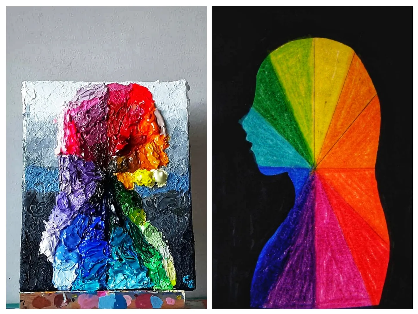 Guess what? I'm on #pinterest (link👇)

https://pin.it/fc3ArZp

Left:
Color Wheel Profile
2020
Acrylic on stretched canvas 
8" x 10"
SOLD 

Right:
A pin from my #pinterestboard "Art and Refs". Original source and link unknown. This is a drawing of a woman's profile colored with either crayons or colored pencils.

Why I loved trying this pin: I thought this was a clever way of reinterpreting the classic color wheel. According to the captioning on my Pinterest board, this was an exercise for school age children taking art classes and learning about color theory. I decided to tackle the same composition, but this time I treated it as an impasto painting 🖼 making the colors literally stand out and pop. If you look closely, I used several types of mediums that give the paint different textures and surfaces, allowing the painting to be multifaceted (like me 😉). 

It's been ages since I've last used Pinterest (I forgot how addicting and visually overwhelming it can be). I'll post and share work (and corresponding Pins) more often as I can, especially since I'm a fine art undergrad student!

—Cheri (Cher Bear)

#pinterestinspired #pinterestideas #pinterestart #pinterestartist #impasto #impastopainting #colortheory #colorwheel #colorwheelchallenge #pinterestphoto #pinteresting #colorwheelproject #texturedpainting #paintinginacrylic #profilepainting #profilepaintings #paintingoftheday #pinoftheday #paintingduringwork #paintingatwork #fineartmajor #kcpainter #multidisciplinaryartist 