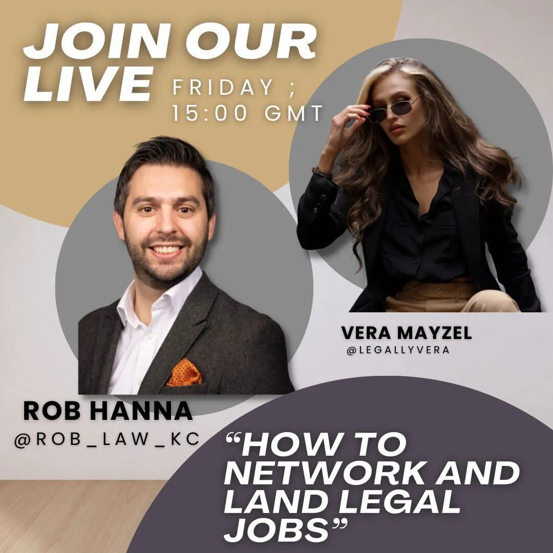 🚨 Happening Today 🚨

Are you eager to network your way into a top law firm? Want to know the secrets to effective legal networking?

I'm thrilled to collaborate with Vera Mayzel, a Future Trainee Solicitor at Hogan Lovells, for a live session you won't want to miss! 📲📹

📚 What You'll Learn:

- How to make a lasting impression in networking events
- The art of following up and maintaining connections
- Top tips on landing a training contract at a prestigious law firm
- Best practices for leveraging LinkedIn for your legal career

❓Questions We'll Tackle:

- "How do I break the ice with at networking events?"
- "What's the best way to follow up after a networking event?"
- "How can I stand out when applying for legal jobs?"

Plus lots more; come prepared with your questions and let's unravel the networking maze together.

See you for our Instagram Live at 3pm UK | 10am ET today folks! 😀🚀

#Lawyers #AspiringSolicitors #Careers #Networking #Jobs

---
🌟🌍 My mission? To foster a kind, collaborative, and vibrant legal community, propelling us forward into a successful legal creator economy. Let's shape the future, together.